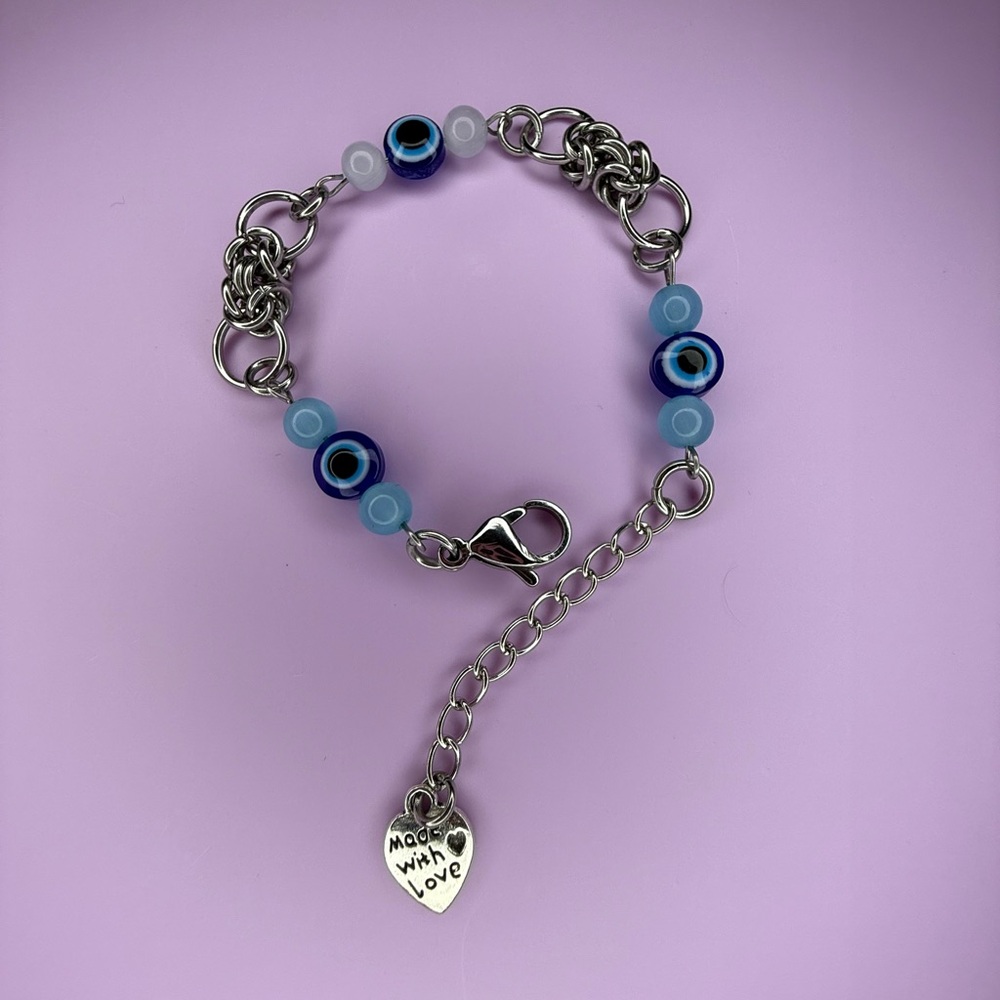 stainless steel evil eye+crystal byzantine bracelet blue white